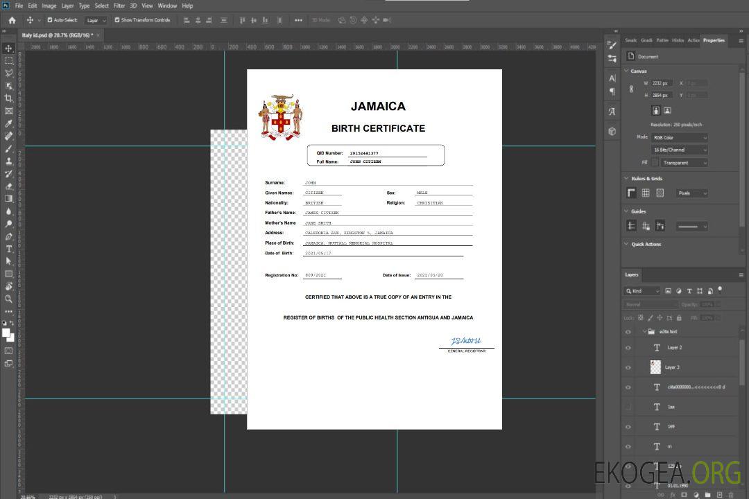 Modèle Word et PDF d'acte de naissance d'acte d'état civil de la Jamaïque template